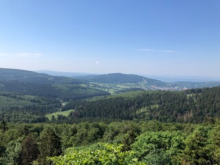 view of mountains covered with green forest with blue sky