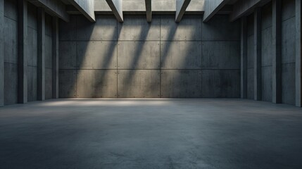 Poster - Sunlight streams through overhead beams, casting soft shadows on the smooth concrete floor of a large industrial room with an empty, minimalist feel