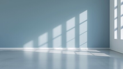 Poster - Soft shadows create a tranquil atmosphere in a minimalist room, where afternoon light streams through the open door onto the cool blue walls and floor