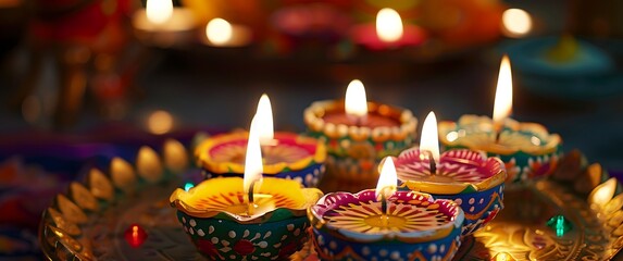 Colorful Happy Diwali festival backdrop with bokeh lights, oil lamp, flower on red background

