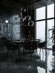 Wall Mural - Dark interior, dark environment, big window, glossy concrete on the floor, pendant glass lights above table with chairs near the window