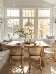 Canvas Print - Dining room with a white oak table, rattan chairs and a built in window seat with a light wood frame and dining area, natural lighting.