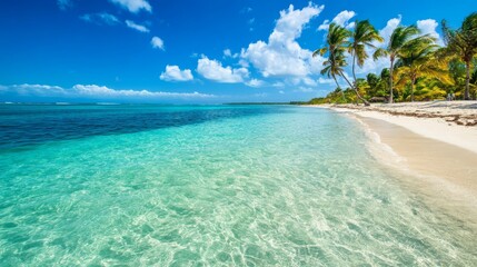 Poster - Clear turquoise water laps at a pristine white sand beach with swaying palm trees lining the shore under a bright blue sky with fluffy white clouds.