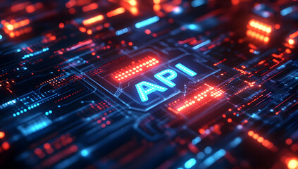 Poster - Close-up of a digital circuit board featuring API design, showcasing technology and innovation in a vibrant neon style.