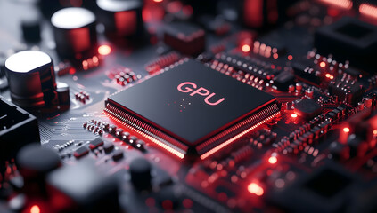Poster - Close-up of a GPU on a motherboard, showcasing intricate circuitry and vibrant lighting, ideal for tech-related content.
