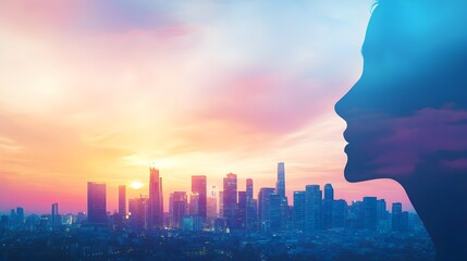 Wall Mural - City Skyline Silhouette at Sunset with Abstract Female Profile