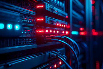 Poster - Close-up of illuminated server racks showcasing technology and data storage in a modern data center environment.