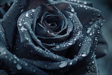 Wall Mural - Close up of a black rose with water droplets, showcasing its velvety texture and elegance against a dark background