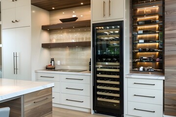 Modern kitchen cabinets in white and beige with glass doors, brushed black titanium wine cooler with recessed lighting, and wooden wine rack. High-end interior includes living room backsplash layout 