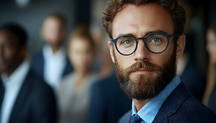 Confident business man with glasses, showcasing professionalism in a corporate setting with colleagues in the background.