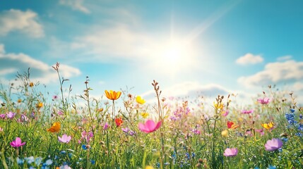 Wall Mural - Colorful wildflowers in a meadow with a blue sky and sun