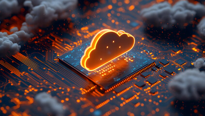 Poster - Digital cloud symbol glowing on a circuit board, representing cloud computing and technology advancement.