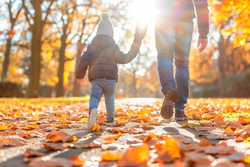 Wall Mural - A father and child hold hands and stroll through an autumn park filled with fallen leaves highlighting the warmth of their relationship.