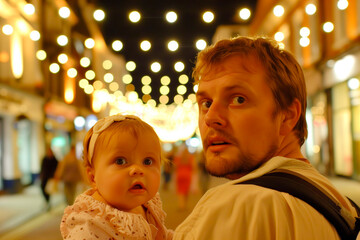 Wall Mural - A father carries his young daughter through a warmly lit street at night creating a loving family moment