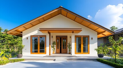 The front yard and entrance to an off-white bungalow with wooden accents in Thailand. The roof is covered by blue sky. There is one big window on each side of the two doors