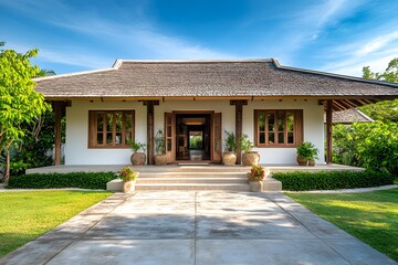 The front yard and entrance to an off-white bungalow with wooden accents in Thailand. The roof is covered by blue sky. There is one big window on each side of the two doors