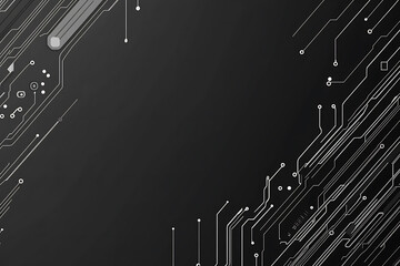 A modern abstract circuit design with silver lines and dots on a sleek dark background, ideal for technology-related templates and web design.