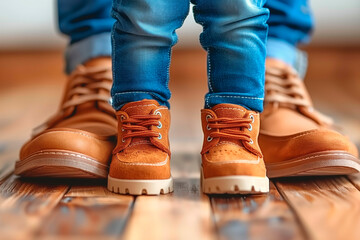 Wall Mural - A child's small shoes standing beside an adult's matching shoes on a wooden floor