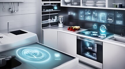 Modern kitchen with futuristic touch screen technology and glowing interface.