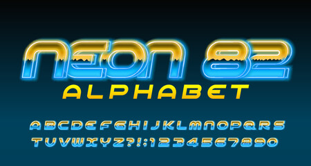 Poster - Neon 82 alphabet font. Glowing neon letters and numbers. Stock vector typeface for your typography in retro 80s style.