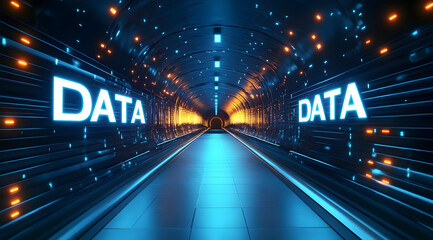 Poster - Futuristic digital tunnel showcasing vibrant lights and data signs, representing advanced technology and information flow.