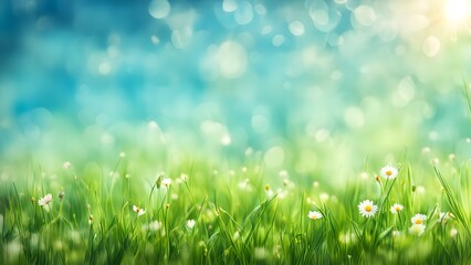 Wall Mural - Beautiful sunny spring meadow with green grass and blue sky. Abstract background with light bokeh and space for text.