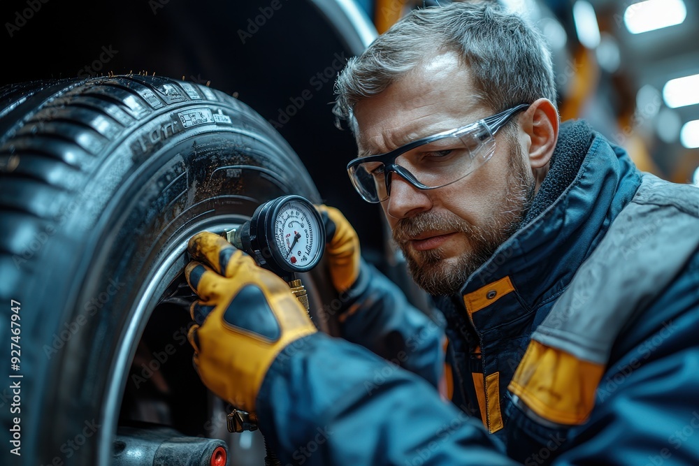 Car Mechanic Checking Tire Air Pressure with Multi-Purpose Hand Pump ...