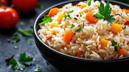 Wall Mural - A close-up of rice mixed with herbs and spices, with vibrant colors and textures