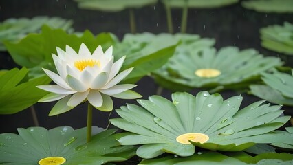 Wall Mural - a white lotus flower on top of many green leaves in a pond full of water lilies