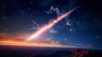 A photo of a comet with fireworks trail
