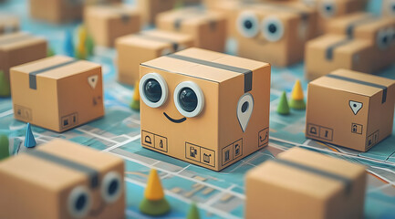 Playful cardboard box character with eyes amidst a colorful background of similar boxes and trees, ideal for playful packaging themes.