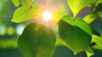 a green leaf in the sunlight against a blurred blue sky background and some trees are in the backgro