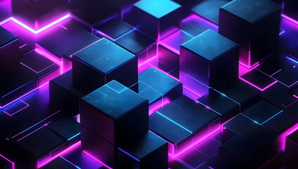 Poster - Vibrant abstract composition featuring luminous blocks with purple and blue neon lighting in a futuristic environment.