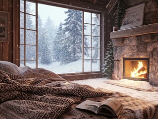 Sticker - Cozy cabin bedroom with a fireplace and snowy window view.