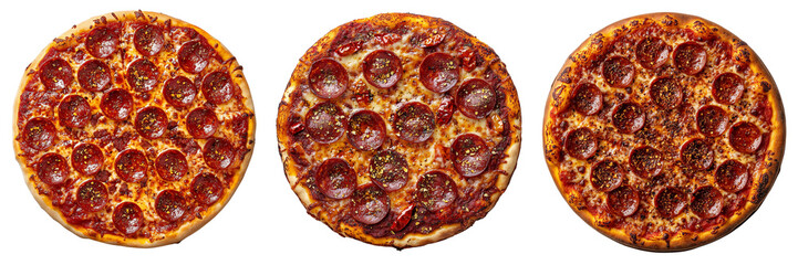 Wall Mural - A Set of pepperoni pizza with crispy edges and a sprinkling of chili flakes, isolated on a transparent background