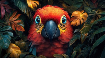 Vibrant Scarlet Macaw Amidst Lush Green Foliage with Colorful Leaves in a Tropical Jungle Setting