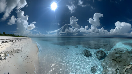 Panorama of beautiful white sand beaches and turquoise water in Maldives.