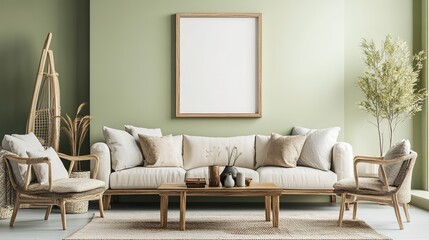 Picture frame mock-up in the interior of a modern living room on a green wall with a sofa and a plant in a vase, transparent wall art mock-up