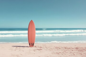 Vibrant Orange Surfboard Standing Upright on a Serene Sandy Beach with Gentle Ocean Waves in the Background