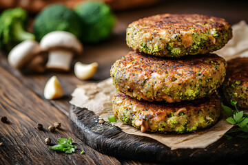 Fried vegetarian broccoli burgers with mushrooms and garlic