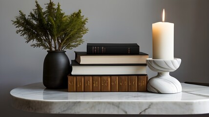 A minimalist interior shelf setup featuring a lit candle in a unique holder, an hourglass, books, and a decorative marble bookend. The clean and elegant arrangement exudes simplicity and style. See Le