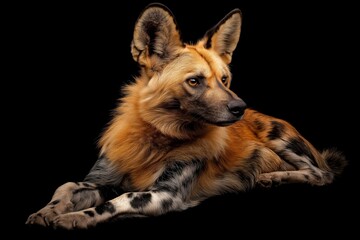 photo of an african wild dog isolated against a black background, emphasising the african wild dog's