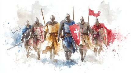 Wall Mural - Five knights in full armor march toward the viewer with swords, shields, and flags in a watercolor style.