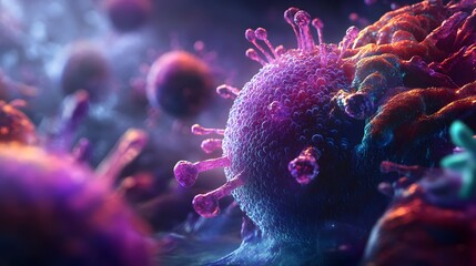Poster - Highly Detailed 3D of Colorful Microscopic Virus or Corona Cell Structure in Laboratory Setting