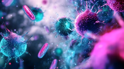 Poster - Glowing Microscopic Biological Structures Forming Abstract Futuristic Digital Design