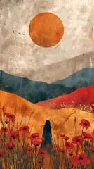 Field and girl illustration poster background