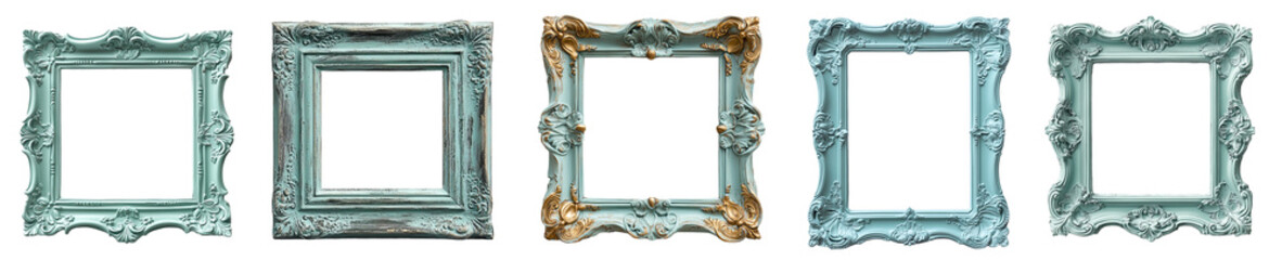 Collection of vintage blue ornate picture frames antique decor transparent background