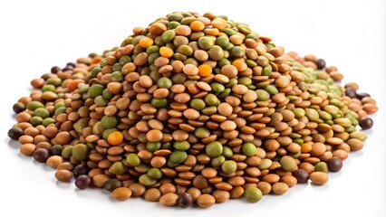 A vibrant heap of green and brown lentils scattered on a white background, perfectly isolated, showcasing their unique shapes and earthy tones.