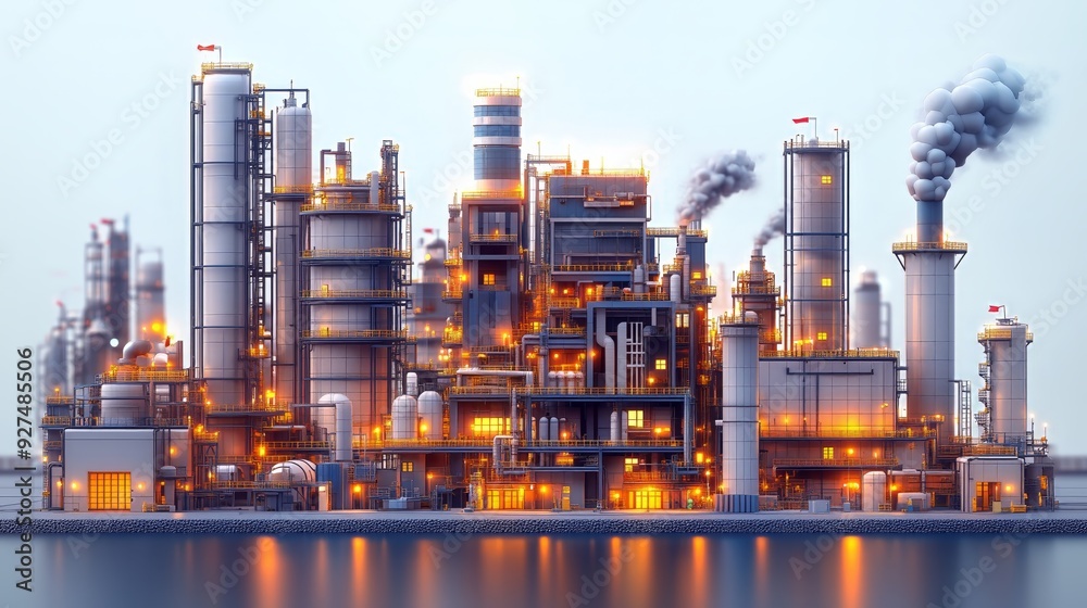 A detailed view of an illuminated industrial refinery complex during ...