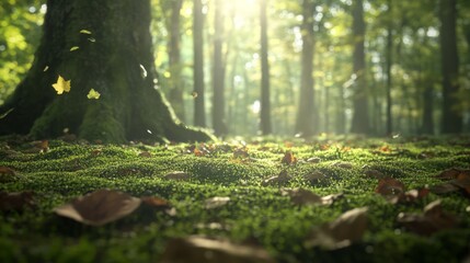 Wall Mural - Green moss covered forest floor with fallen leaves and sunlight shining through the trees.